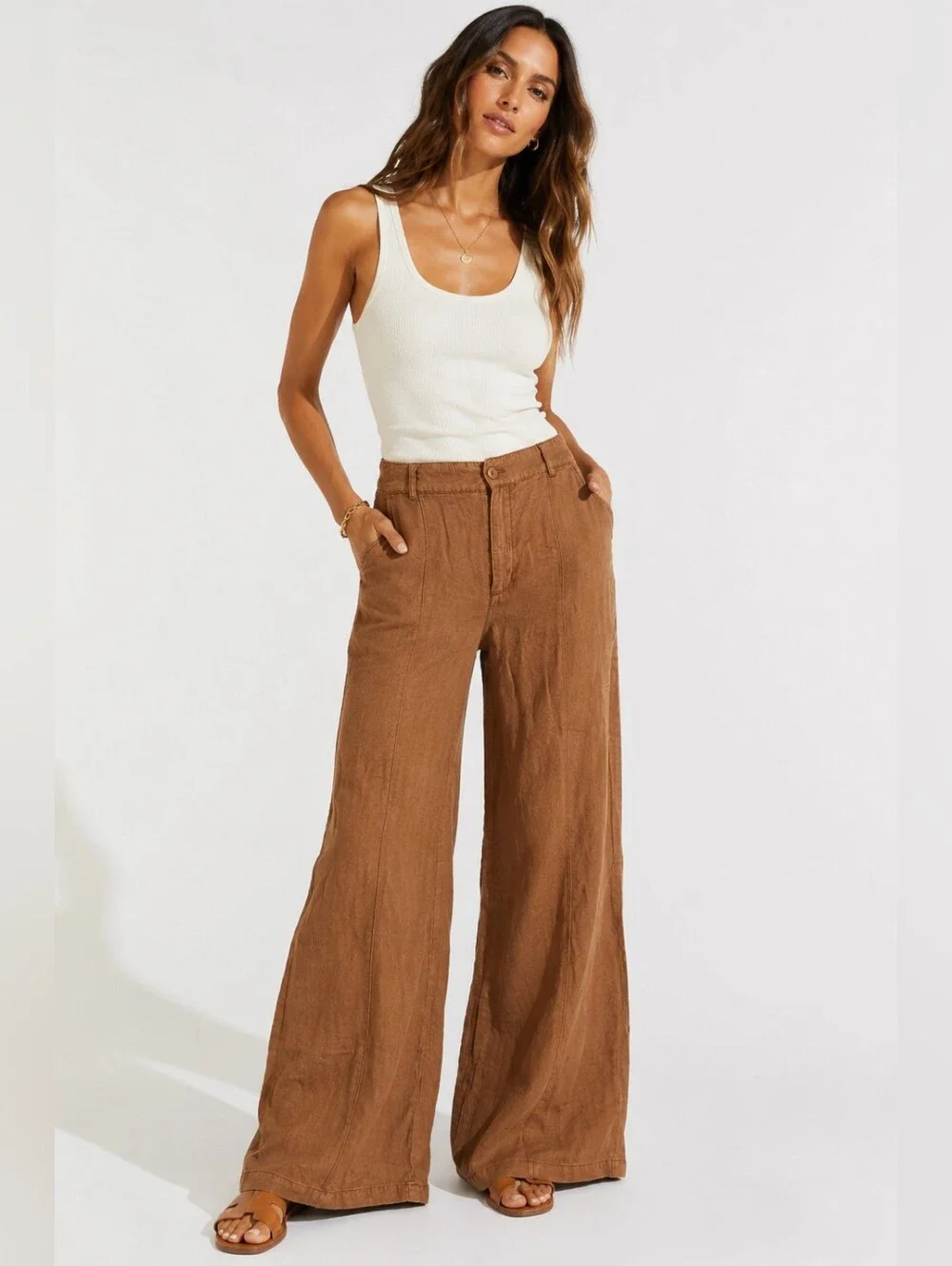 Young Fabulous & Broke Brown Linen Blend Wide Leg Pants Medium